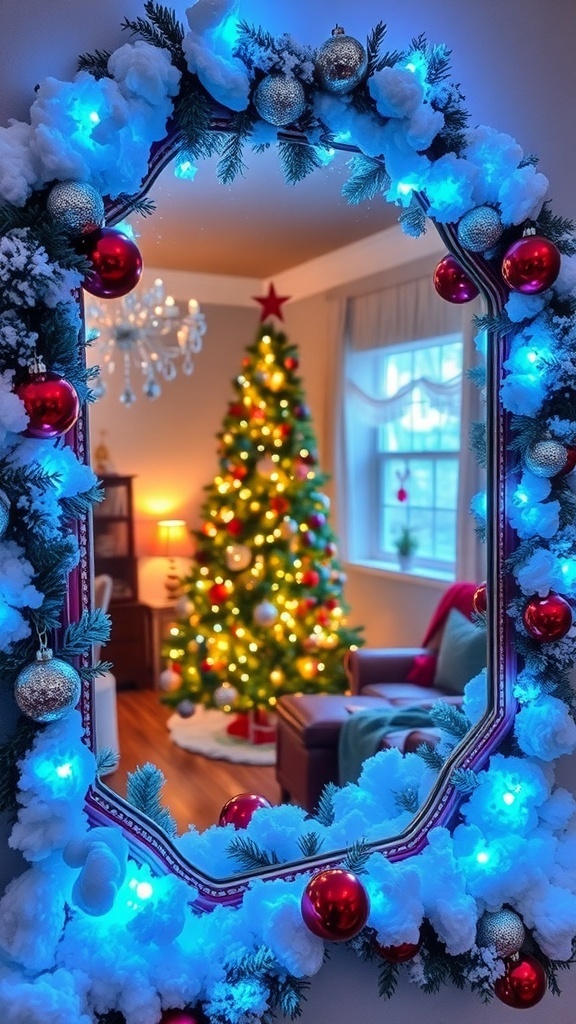 A Christmas mirror decoration with faux snow, ornaments, and lights, reflecting a festive room.